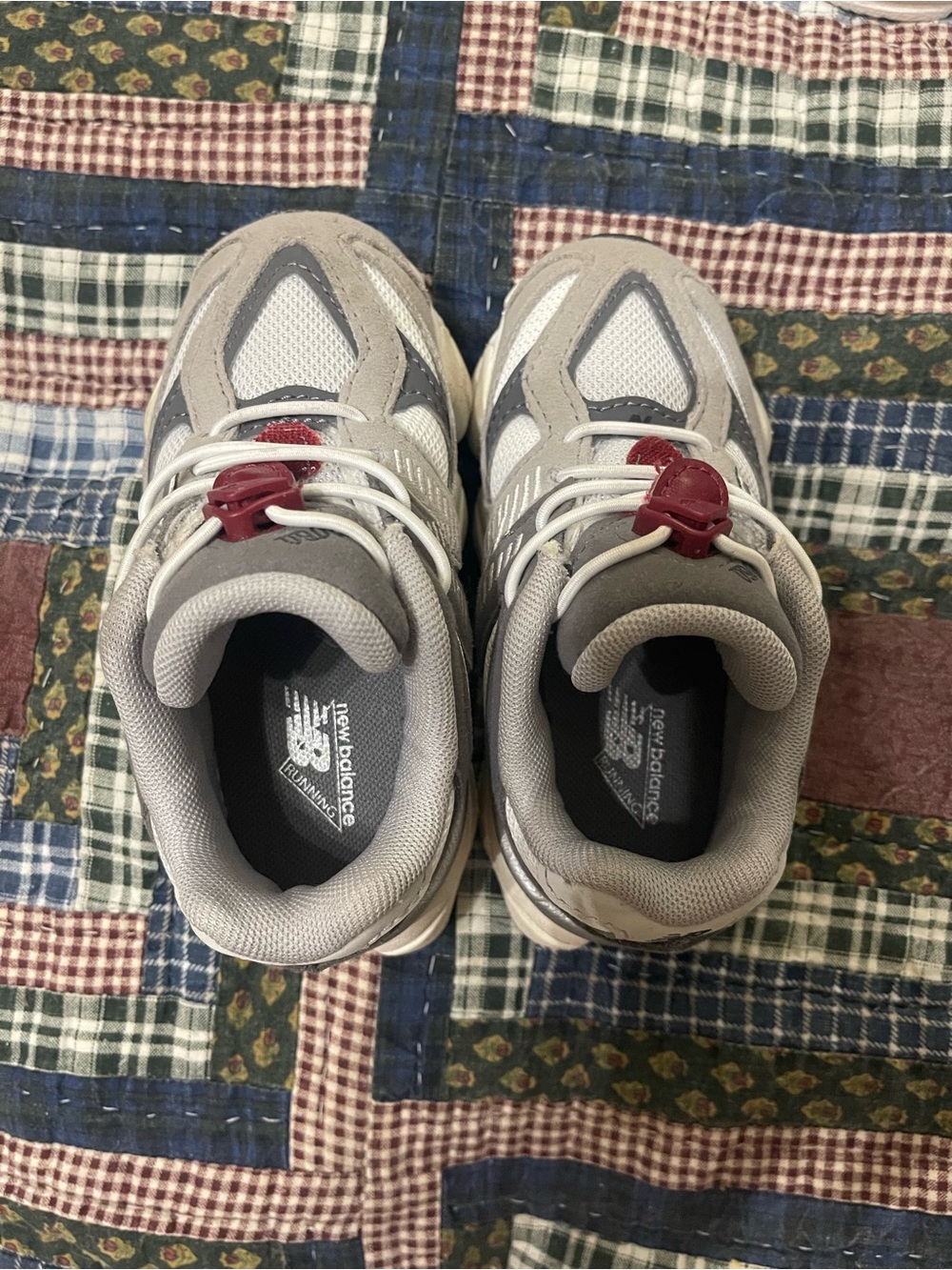 New Balance Kids Gray Mesh & Suede Sneakers with Red Lace Lock